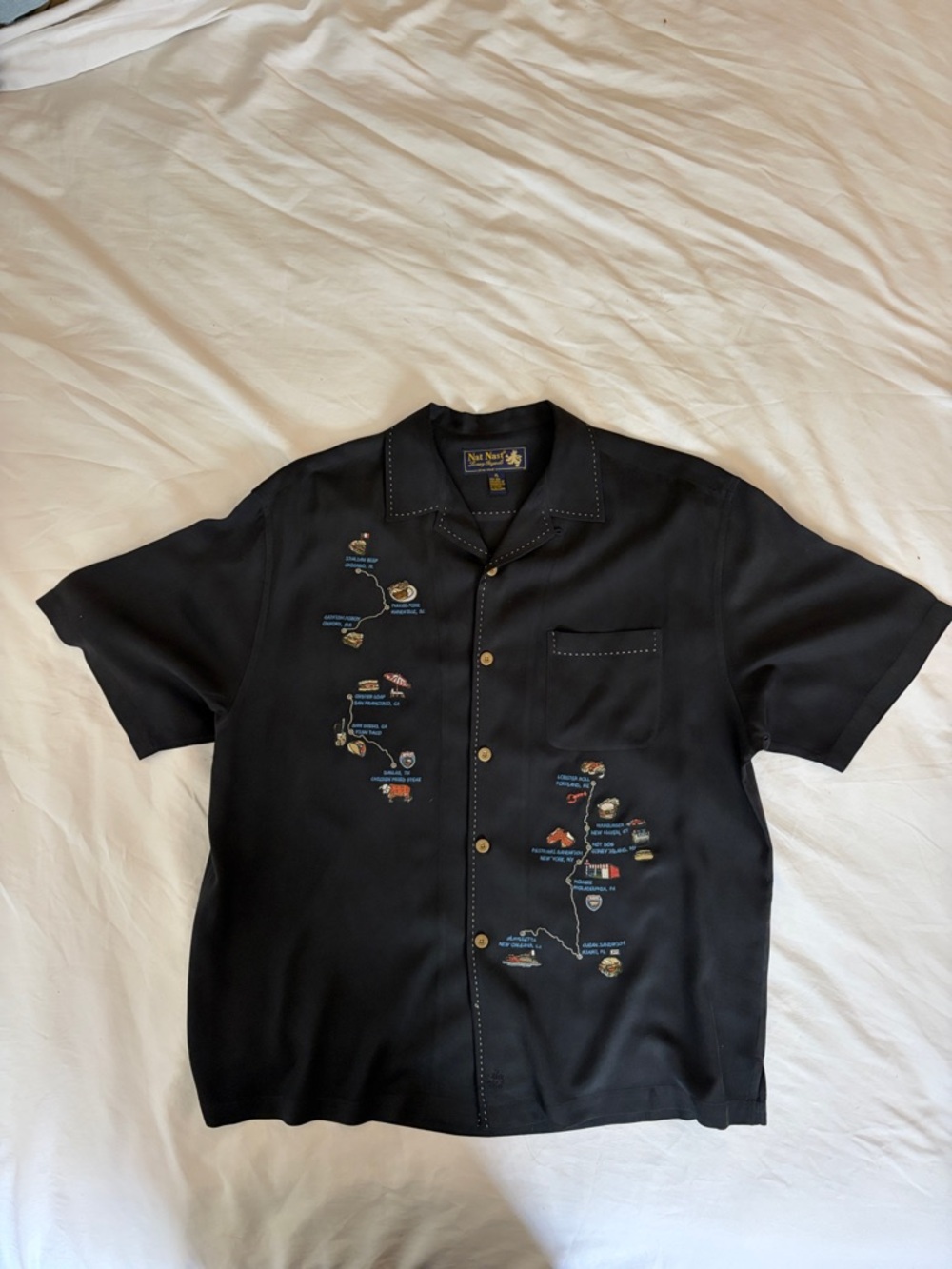 Nat Nast Black Short-Sleeve Embroidered Map Camp Shirt